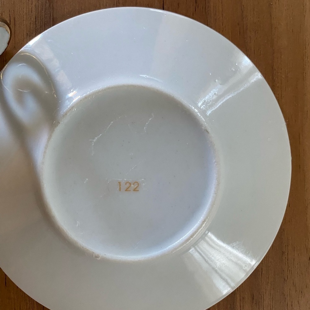 Vintage Porcelain Demitasse Elegant Gold White Footed Mini Teacup Saucer Set - Picture 13 of 15